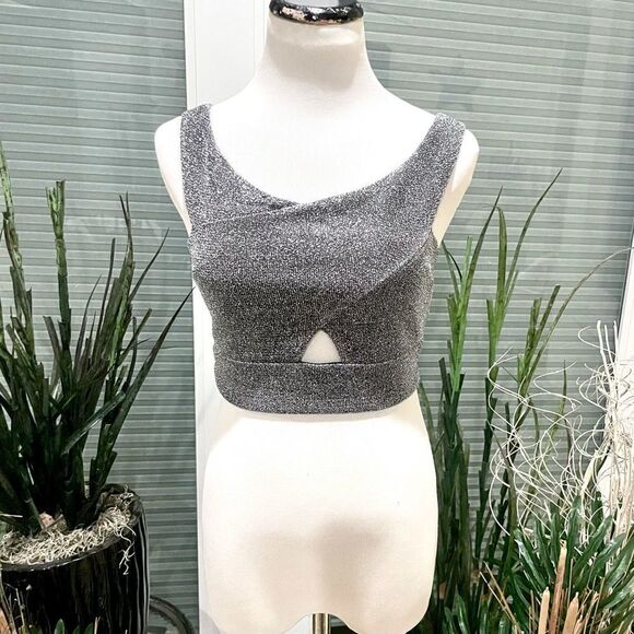 Express Black & Silver Glitter Cut Out Crop Top - Picture 2 of 8